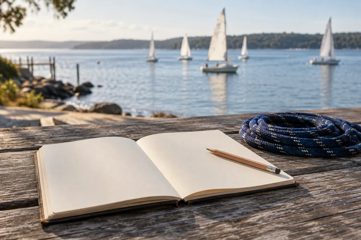 An open notebook and coiled rope on a waterfront table, with sailing boats in the distance