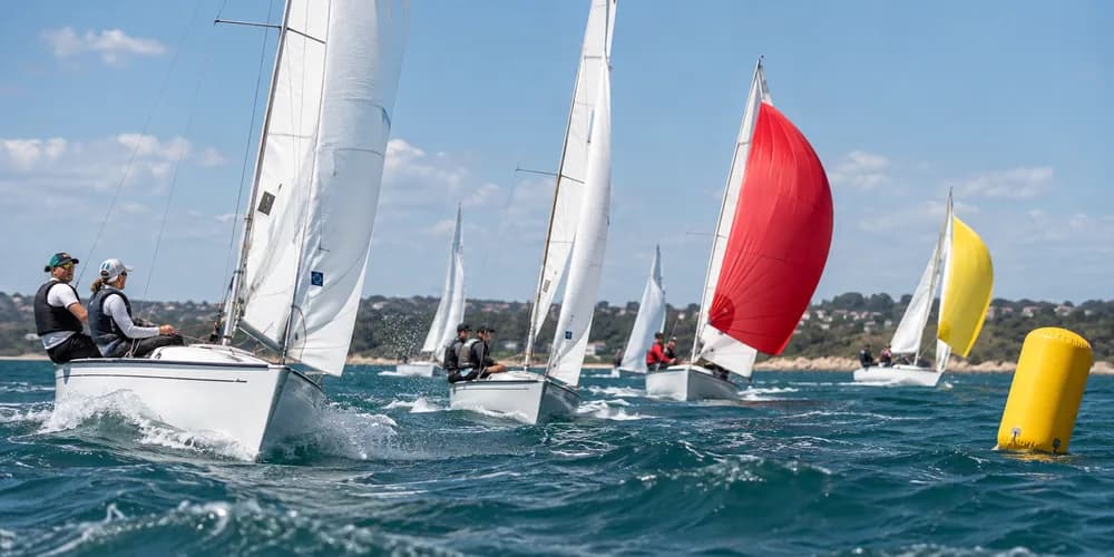 A fleet of sailboats racing on open water